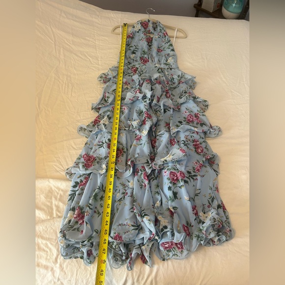Lulus Light Blue Floral Tiered Halter Midi Dress Small Wedding Guest Coquette - Picture 8 of 8